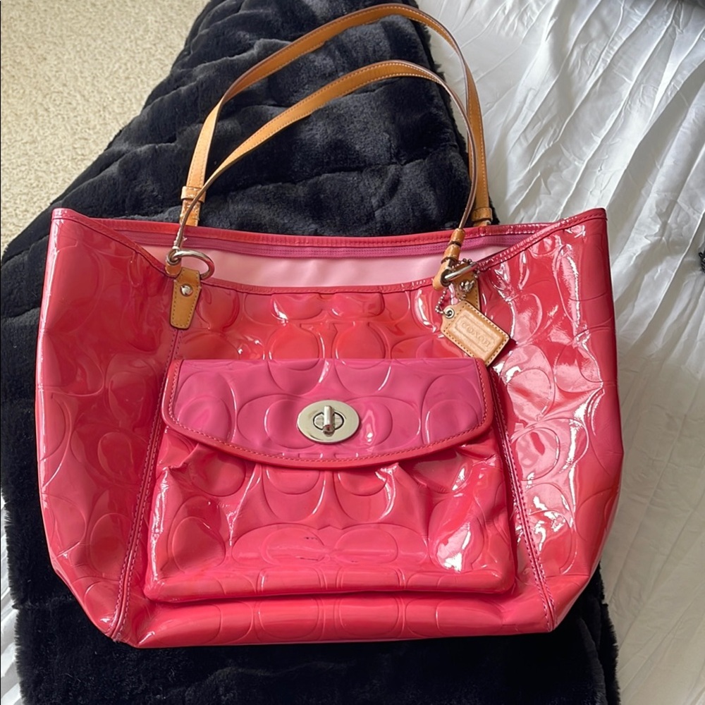 Coach Pink and Tan Leather Tote Bag